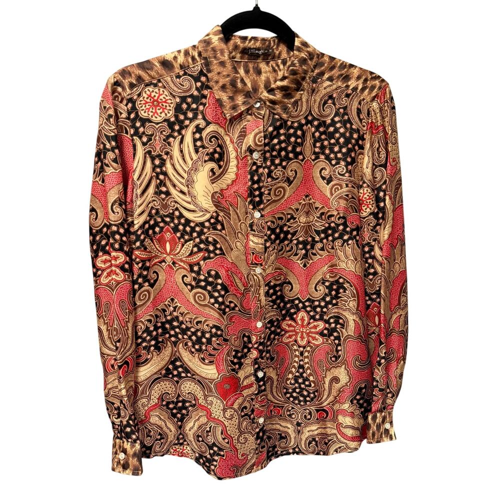J. McLaughlin Silk Blend Paisley Animal Print Button Up Brown Red Medium Artsy